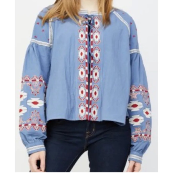RD & Koko White Anthropologie Tribal Embroidered Top Jacket Cropped Oversized L - Picture 12 of 12